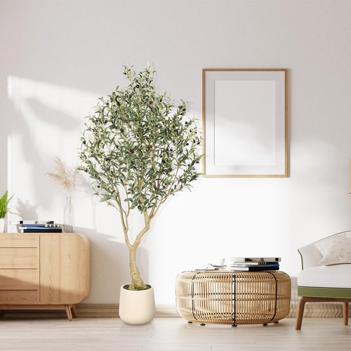 Realead 6ft Artificial Olive Tree with Tall Exquisite Planter - Realistic Faux Olive Tree with Thick Trunk and Lifelike Fruits - Large Fake Olive Tree for Home Office Decor