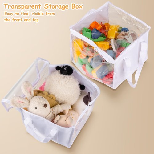 FQDGTFA 3 Pack Toy Storage PVC Boxes Storage Bins with Transparent Lid, Durable Clear Toy Organizer with Handle, Foldable Plastic Bins for Kids Playroom/Clothes/Toys/Blocks/Stuffed Animal Storage