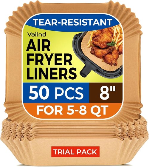 Air Fryer Paper Liners - 50 PCS Disposable Non-Stick Baking Liners | 8" Square for 5-8 QT Air Fryers