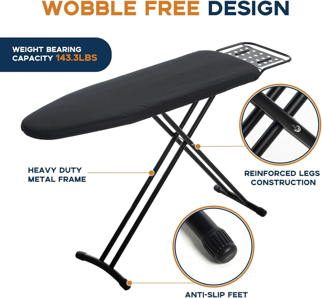 RAINHOL Full Size Ironing Board - Heavy Duty 54"x13" with Heat Resistant Cover & Adjustable Height | Black
