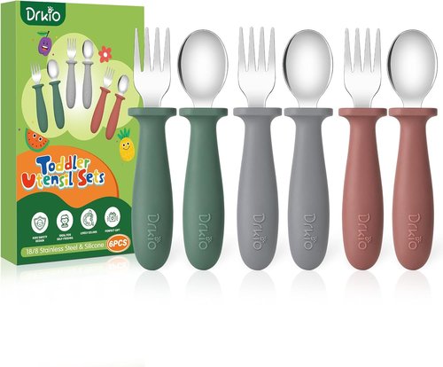 DRKIO Toddler Utensils Set - 6-Piece Kids Silverware with Silicone Handles | Safe 18/8 Stainless Steel