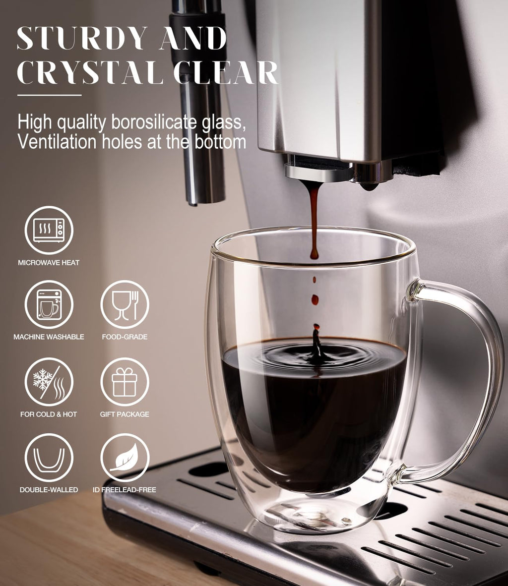 Potdoctor Double Walled Glass Coffee Mugs Set of 4, 12.5OZ Hand Blown Insulated Clear Glass Coffee Cups with Handle,Perfect for Latte,Cappuccino, Espresso, American,Tea Bag, Beverage