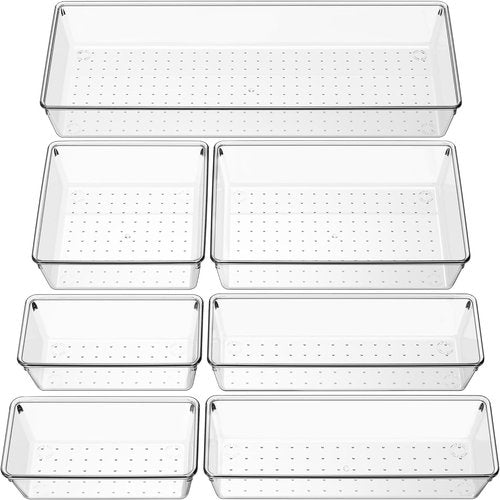 Criusia Clear Drawer Organizer Set - 7 Versatile Plastic Trays for Kitchen & Bathroom Storage | Non-Slip Design