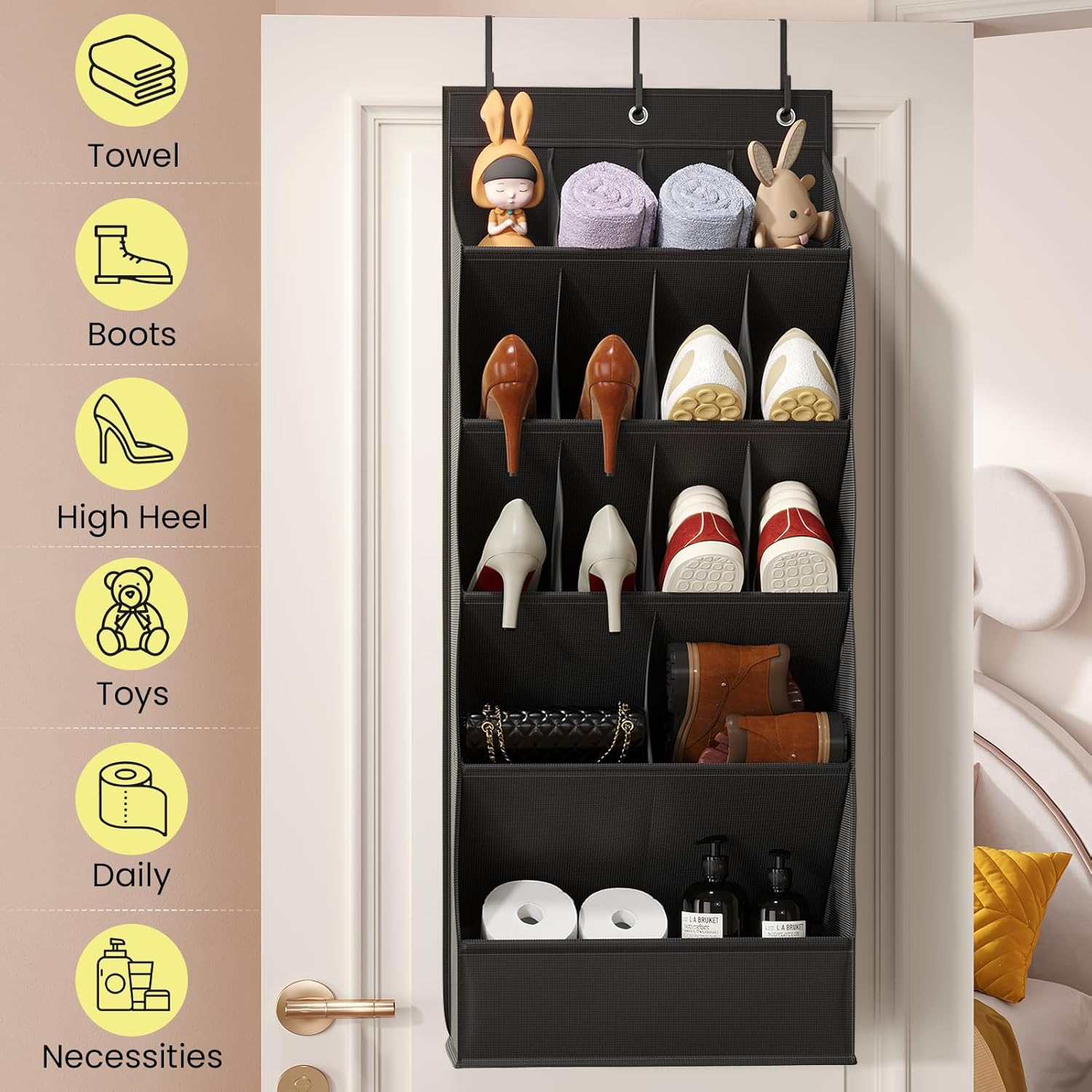 Skiennix Over The Door Shoe Organizer - 18 Pairs Hanging Shoe Rack with Large Breathable Pockets | Black