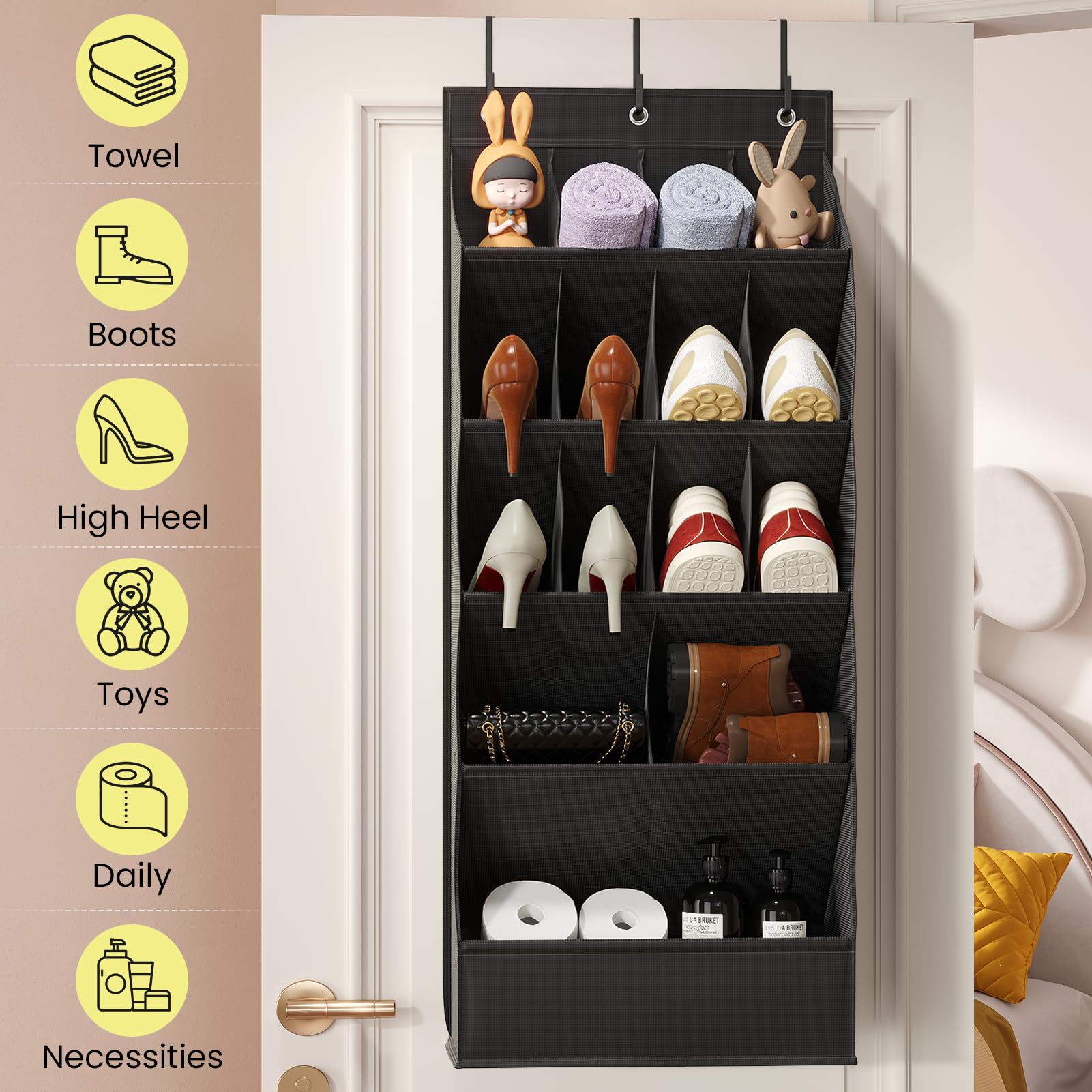 18 Pairs Over the Door Shoe Organizer, Shoe Rack for Closet Door with Large Breathable Pockets, Hanging Shoes Rack for Boots, Behind the Door Organizer Shoe Holder for Categorized Storage, Black