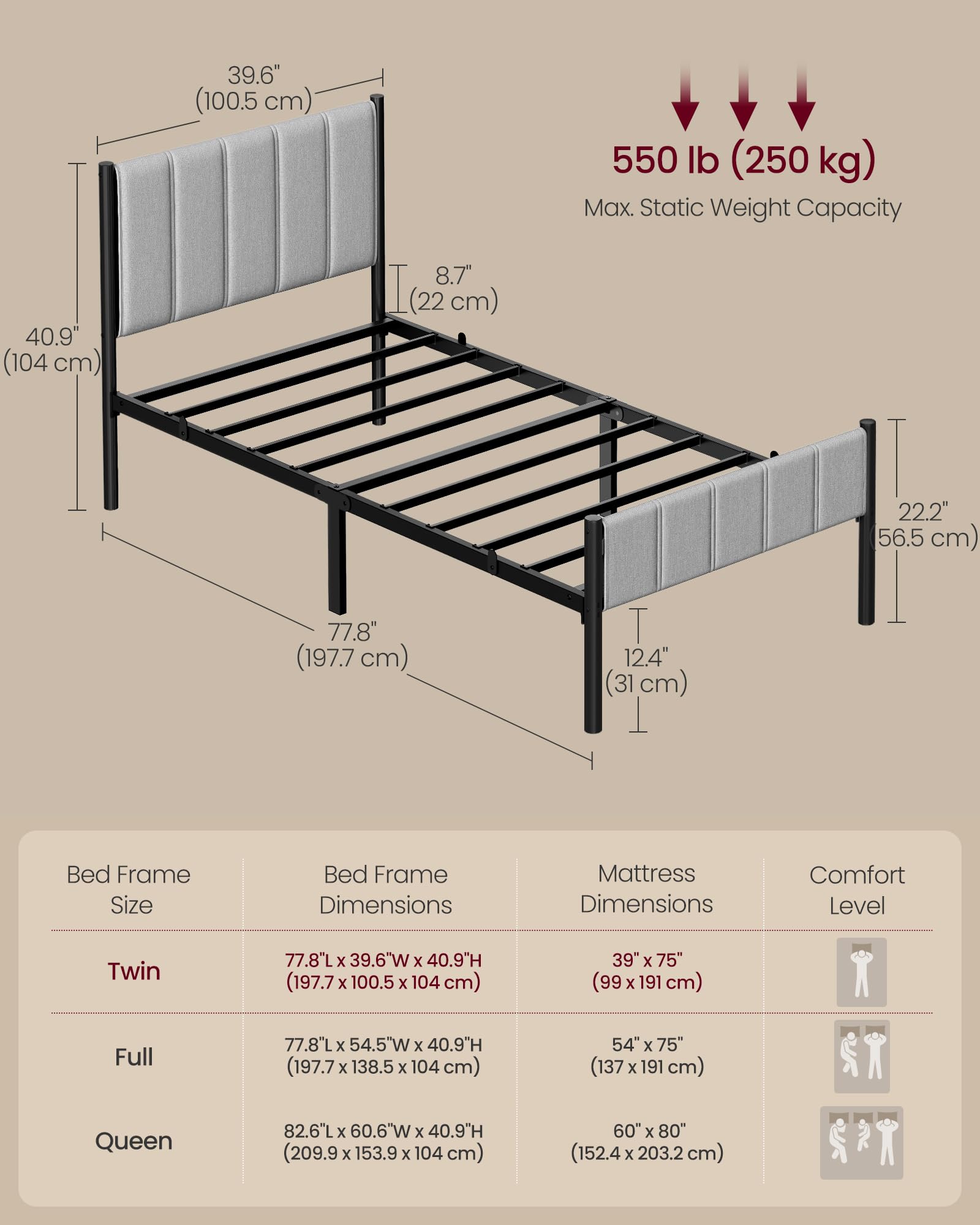 VASAGLE Twin Bed Frame with Upholstered Headboard, Metal Bed Frame Twin Size with Footboard, 550 lb Weight Capacity, Steel Slats, Easy Assembly, No Box Spring Needed, Dove Gray URMB983G01V1