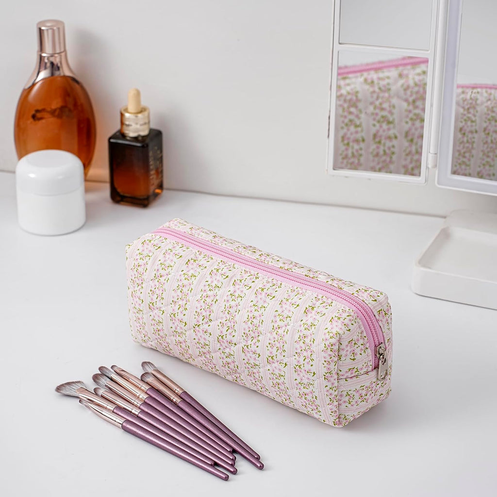 Skiennix Cute Floral Makeup Brush Bag - Quilted Travel Organizer Case | Pink Floral Design