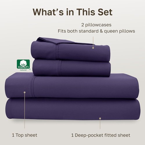 California Design Den Queen Size Cotton Sheet Set - 400 TC Silky Smooth Sateen Weave, Deep Pockets, Breathable - Purple