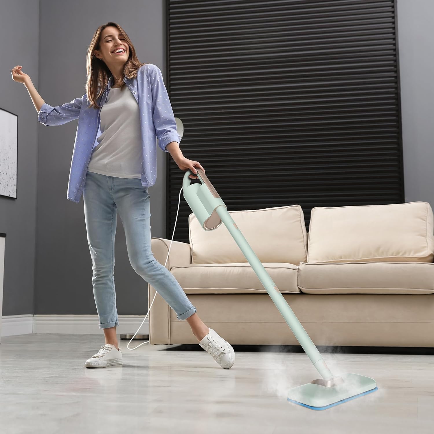 Newbealer Steam Mop - Powerful 1200W Floor Steamer with Detachable Handheld Cleaner | 250ml, 3 Adjustable Levels, 7 Accessories