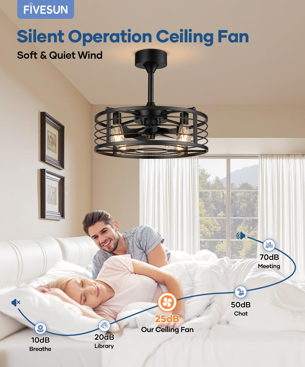 Fivesun 20" Caged Ceiling Fans with Lights and Remote, Fandelier Farmhouse Industrial Fan Lights Ceiling Fixtures Small Ceiling Fan with 6 Speeds and Timing for Kitchen, Bedroom, Outdoor-Black