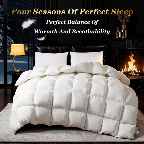 THX9ZRNM 75% Canadian Goose Down Comforter Queen Size, Ultra Soft 100% Cotton Fabric, 850 Fill Power All Season Duvet Insert, Hotel Luxury Bedding Comforters (White,90"x90")