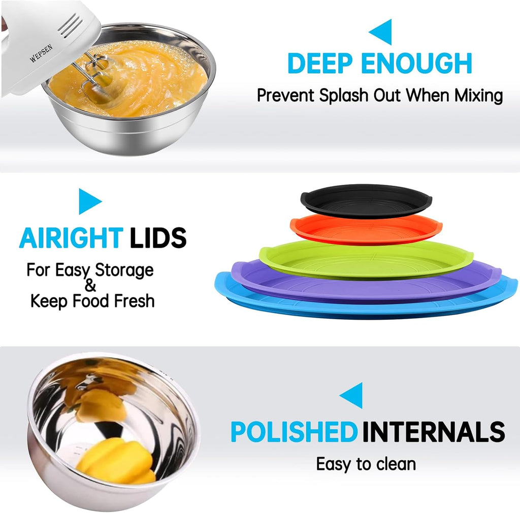 WEPSEN Mixing Bowls Set - 25PCS Stainless Steel Nesting Bowls with Lids & Measuring Tools for Baking and Cooking