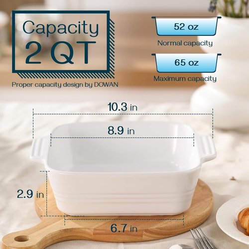 DOWAN 8x8 Ceramic Baking Dish - Square Casserole Pan with Handle for Lasagna & Brownies | 2 Quart, White