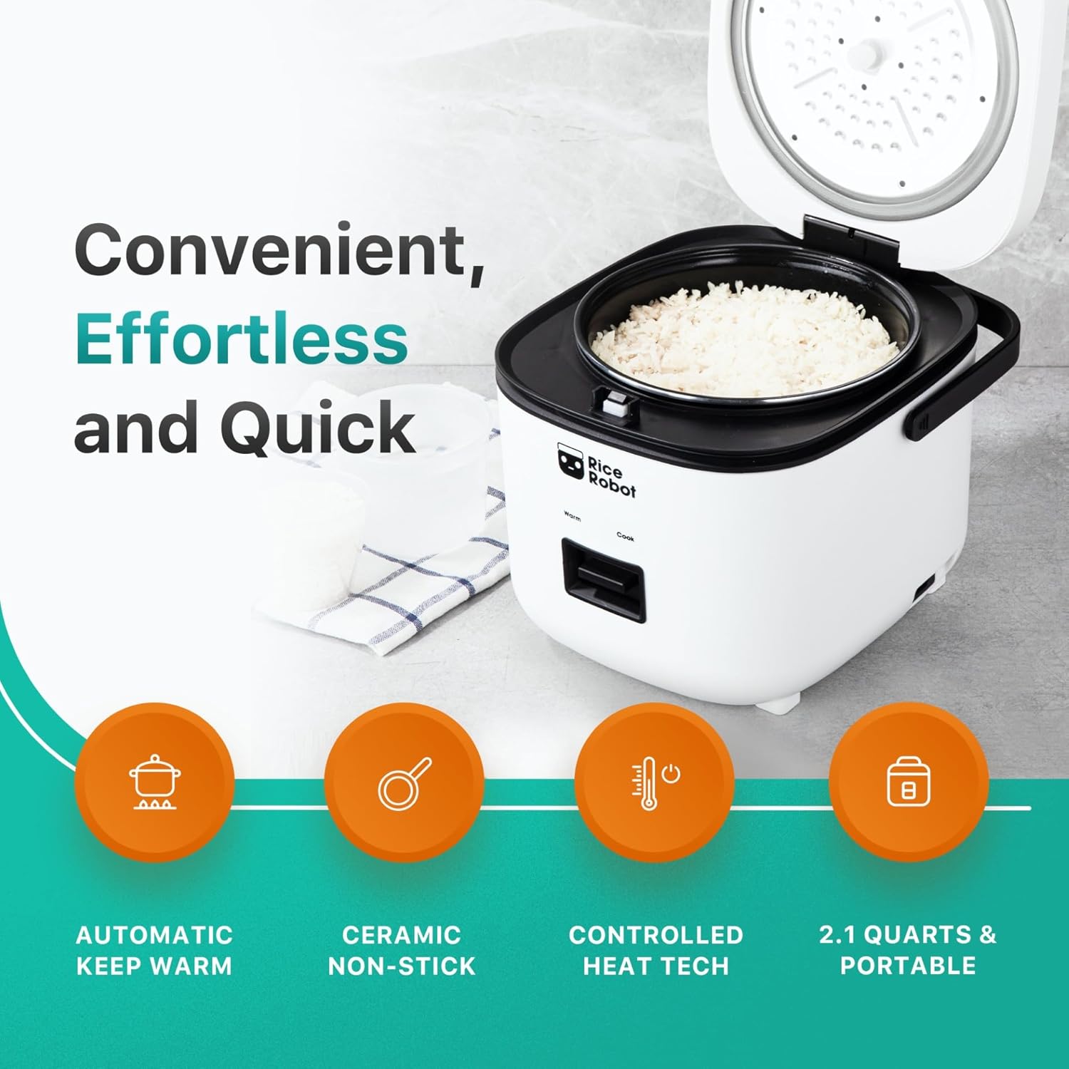 Rice Robot Rice Cooker - Family Size 4 Cup Uncooked (8 Cups Cooked) | PFAS-Free Ceramic Nonstick with Steamer Tray