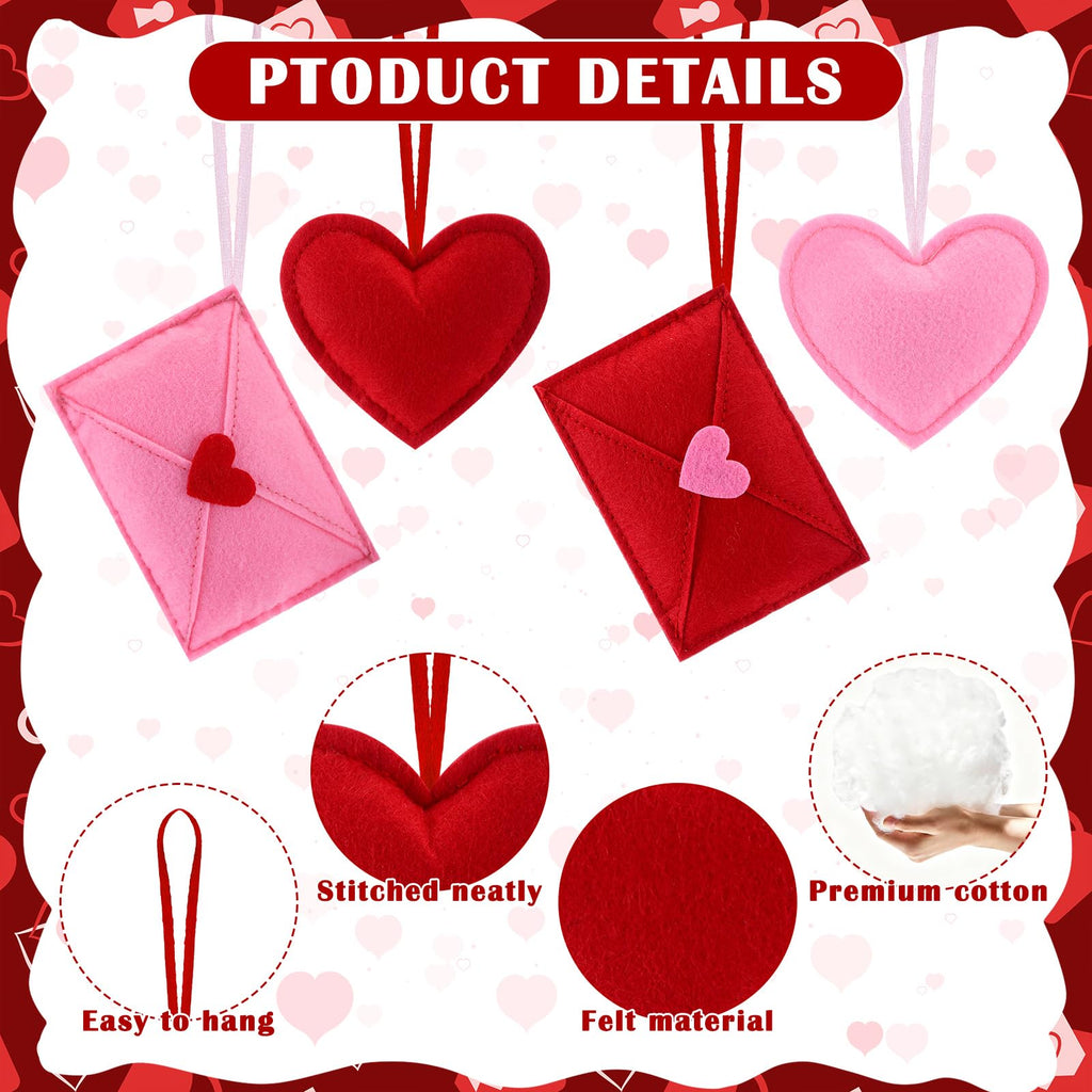 HunnmingRe 24 Pcs Valentine's Day Felt Heart and Envelope Ornaments, Red and Pink Hanging Heart Shaped Baubles for Valentines Day Tree Decor, Wedding, Anniversary, Party Decor, DIY Crafts