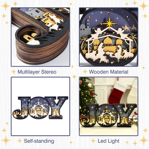 Christmas Nativity Set - 3D Religious Scene with LED Joy Letter Lights | Indoor Tabletop Decorations