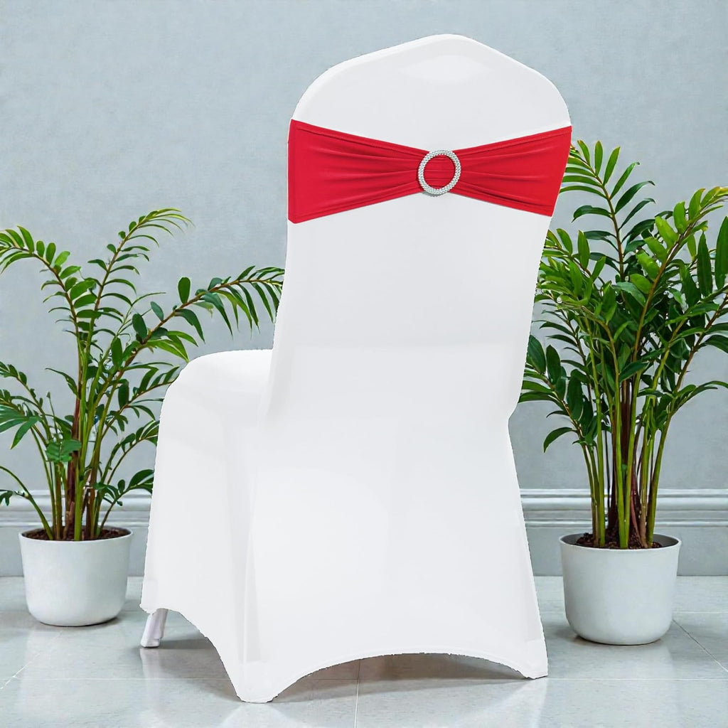 MDS Premium Spandex Chair Sashes - Stretchy Bow Covers with Buckle Slider | Universal Fit for Weddings & Events - Red