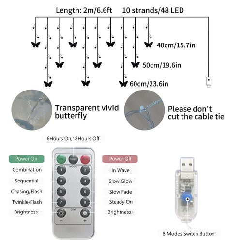 Butterfly Curtain Lights, 6.6ft 48 LED 10 Butterflies USB 8 Modes Window Fairy Lights Twinkle String Lights with Remote Timer for Bedroom Wedding Party Holiday Decor (Warm White)