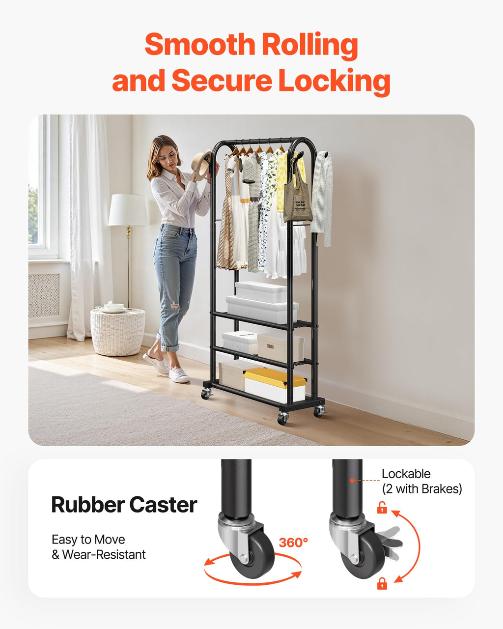 VEVOR Clothes Rack, Rolling Clothing Garment Rack with Hanging Rod and Side Hooks, 3 Storage Shelves, 99 lbs Load Capacity, Heavy Duty Carbon Steel Clothing Racks for Bedroom, Laundry, Living Room