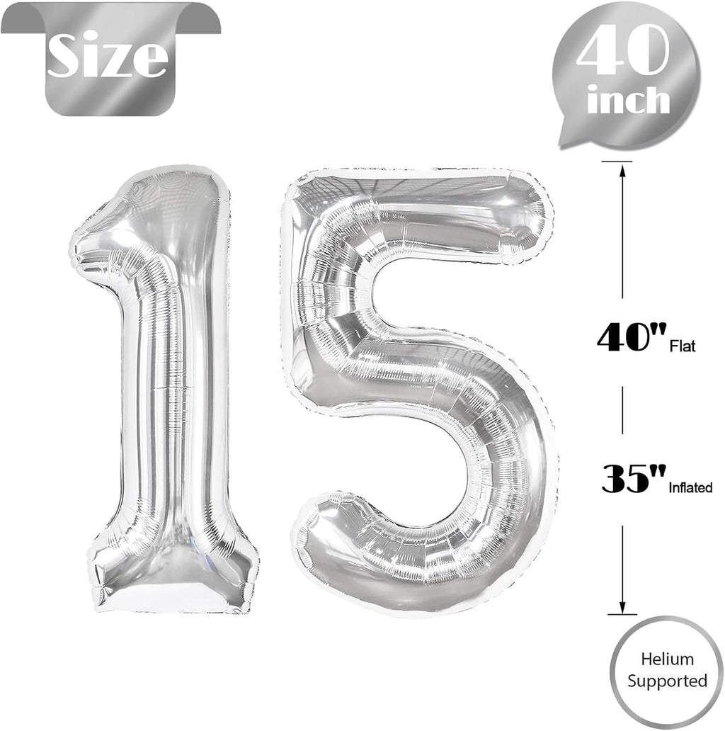 Silver Number 15 Balloon - 40 Inch Giant Foil Balloon for 15th Birthday Party Decorations
