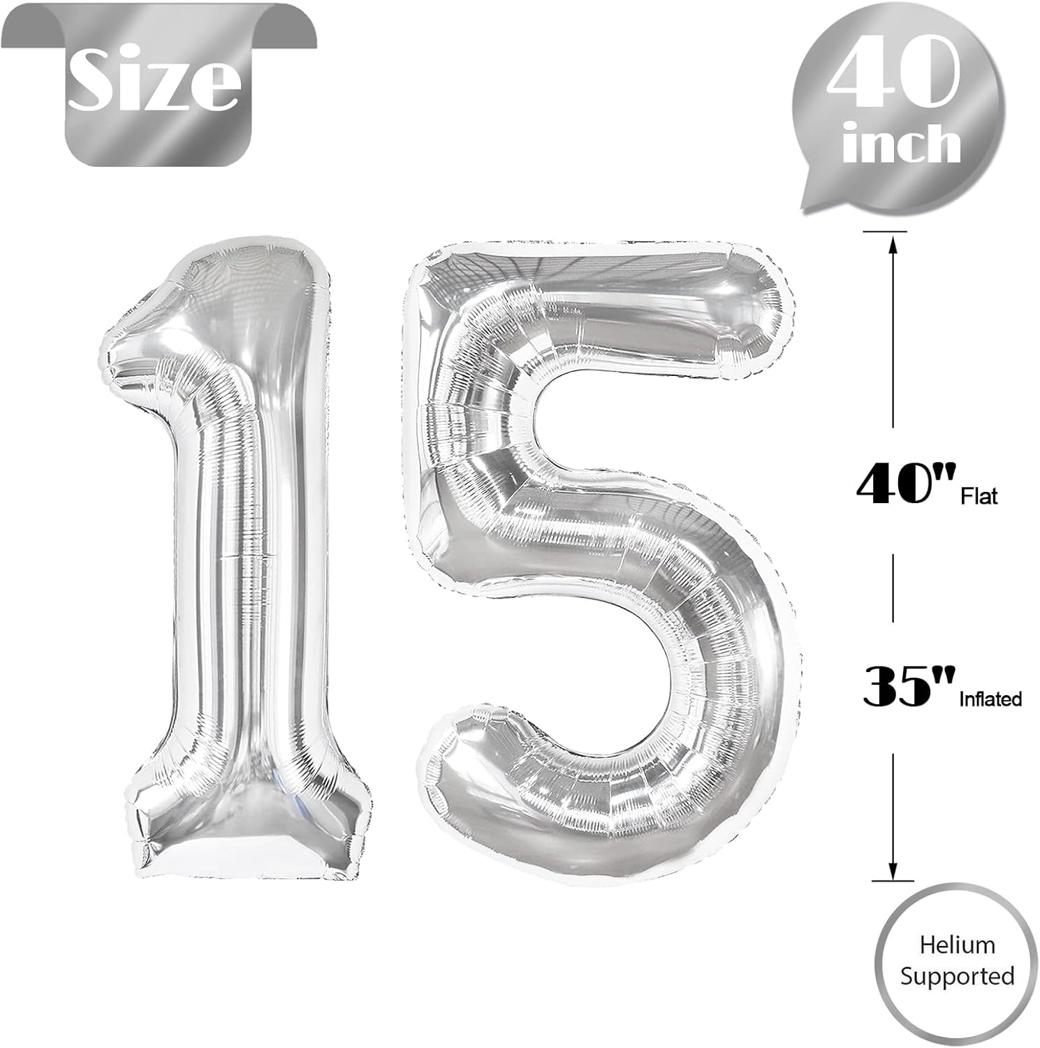 Silver Number 15 Balloon - 40 Inch Giant Foil Balloon for 15th Birthday Party Decorations