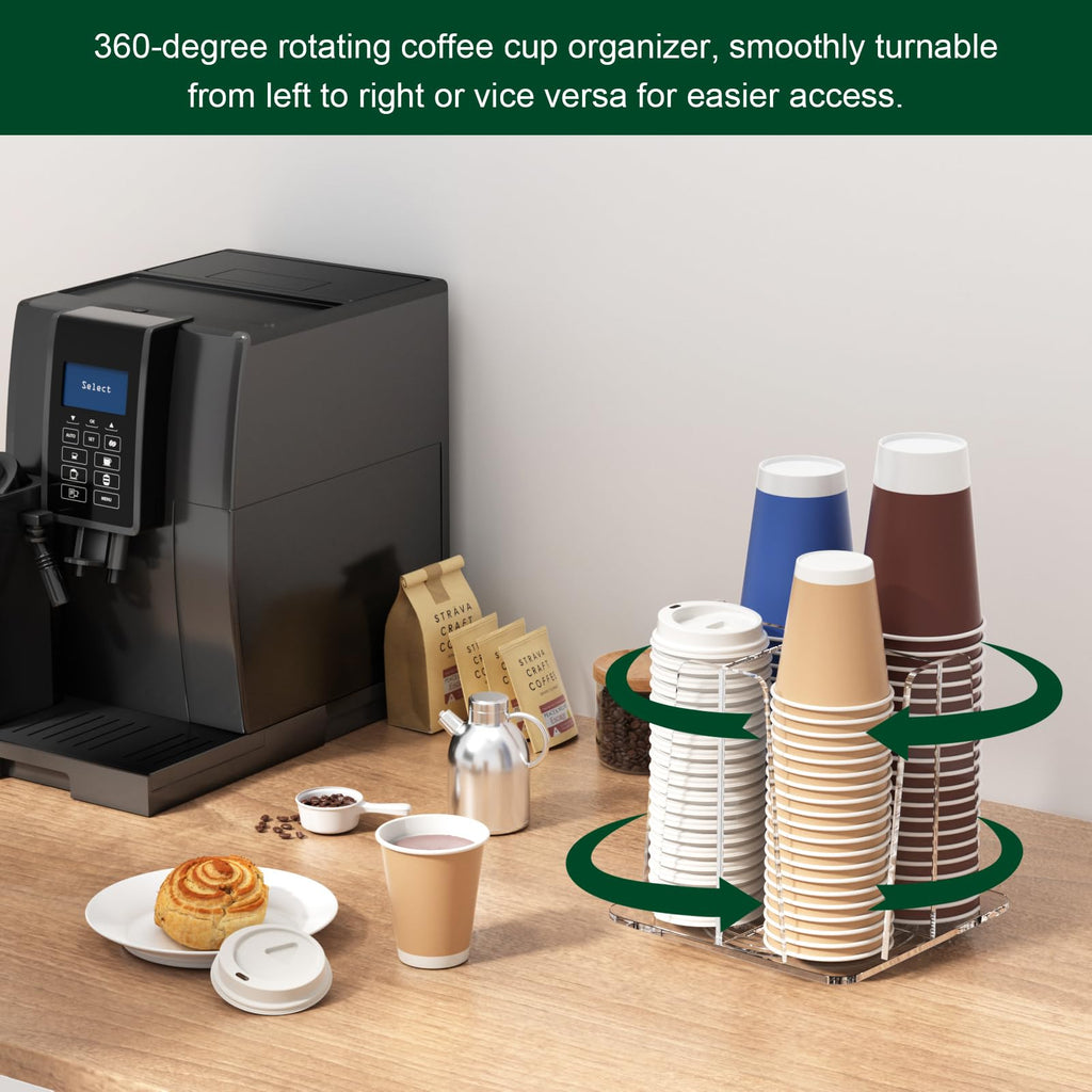 HOUSEDOMO Coffee Cup Organizer for Countertop - Rotating Plastic Cup Holder 4 Compartments Clear Acrylic Cup and Lid Holder for Coffee Bar Restaurant Breakroom Disposable Paper Coffee Cup Dispenser