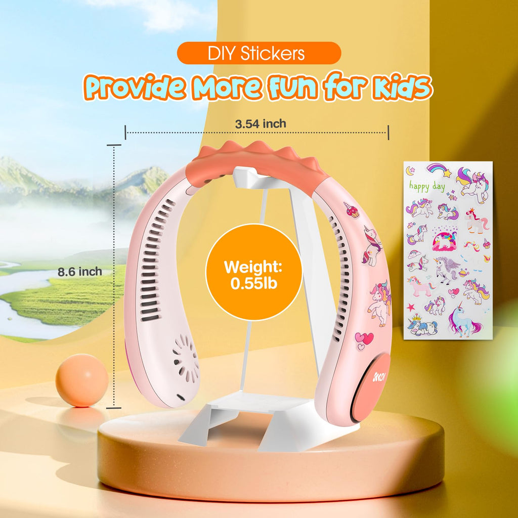 Unicorn Kids Neck Fan, Safe Bladeless Fan with Unicorn Sticker, Hands-free Portable Rechargeable Cooling Fan, 2600mAh Personal Fans for 4-14Y Girls, 4 Speeds, Lightweight, Summer Gifts for Kids