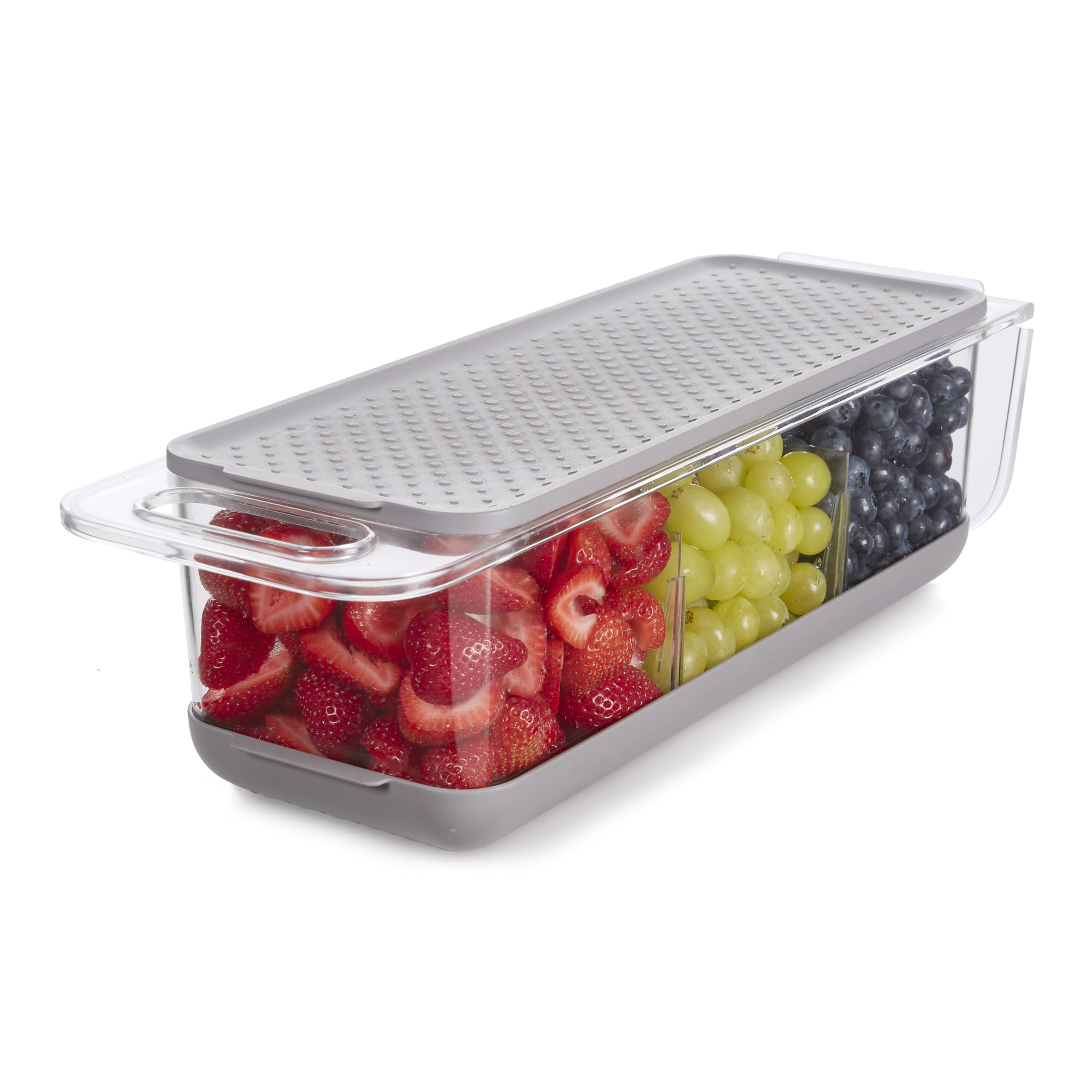 Copco Over the Sink Colander and Fridge Storage Bin with Folding Handle for Rinsing and Storing Fruits and Vegetables, Clear/Gray