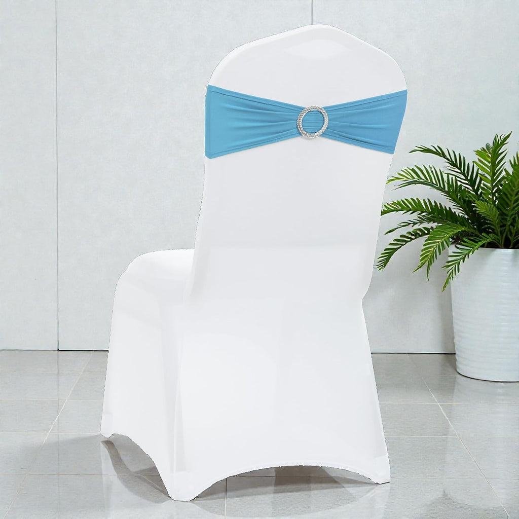 MDS Premium Spandex Chair Sashes - Stretchy Bow Covers with Buckle Slider | Universal Fit for Weddings & Events - Blue (Pack of 10)