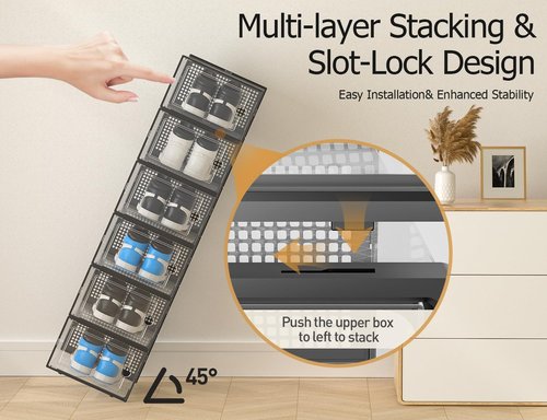 Kuject Shoe Storage Boxes - Clear Plastic Stackable Organizers | 12 Pack for Sneakers & Toys, Black