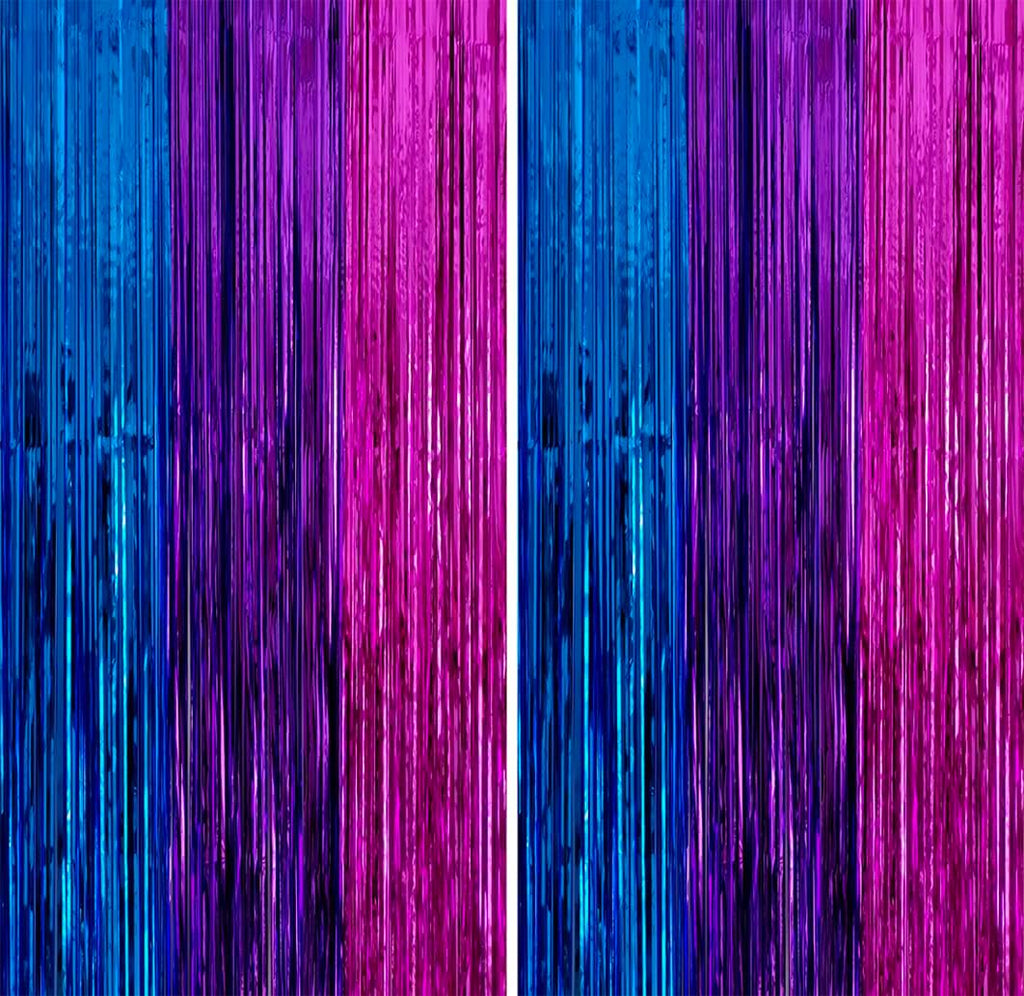 Skiennix Metallic Tinsel Foil Fringe Backdrop - 2 Pack 3.3x6.6ft in Blue & Hot Pink | Perfect for Birthday & Party Decor