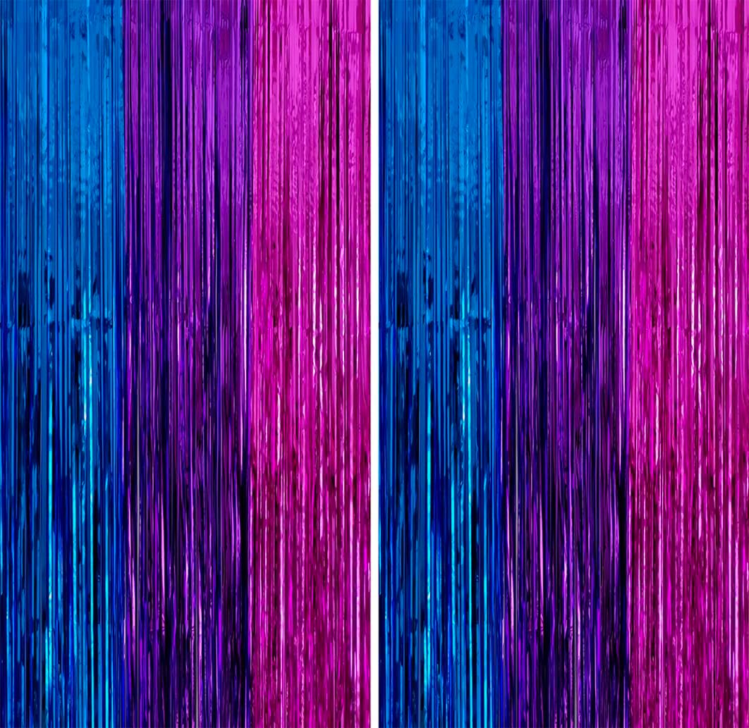 Skiennix Metallic Tinsel Foil Fringe Backdrop - 2 Pack 3.3x6.6ft in Blue & Hot Pink | Perfect for Birthday & Party Decor