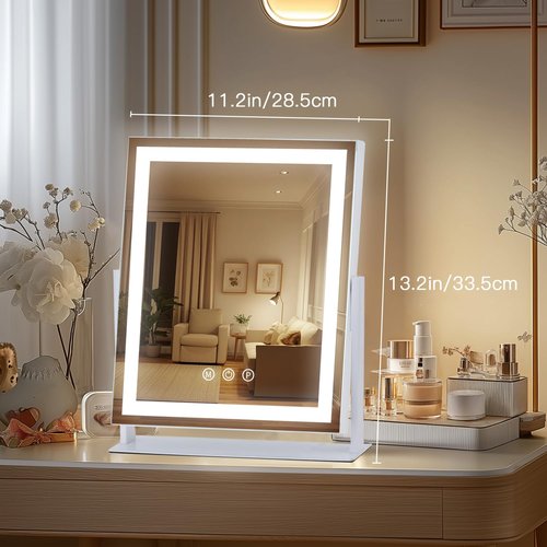 homtang Lighted Makeup Mirror with Smart Touch, 3 Color Modes & Stepless Dimming, for Desk Bedroom Dressing Room, LED Vanity Mirror 13.2" H x 11.2" W