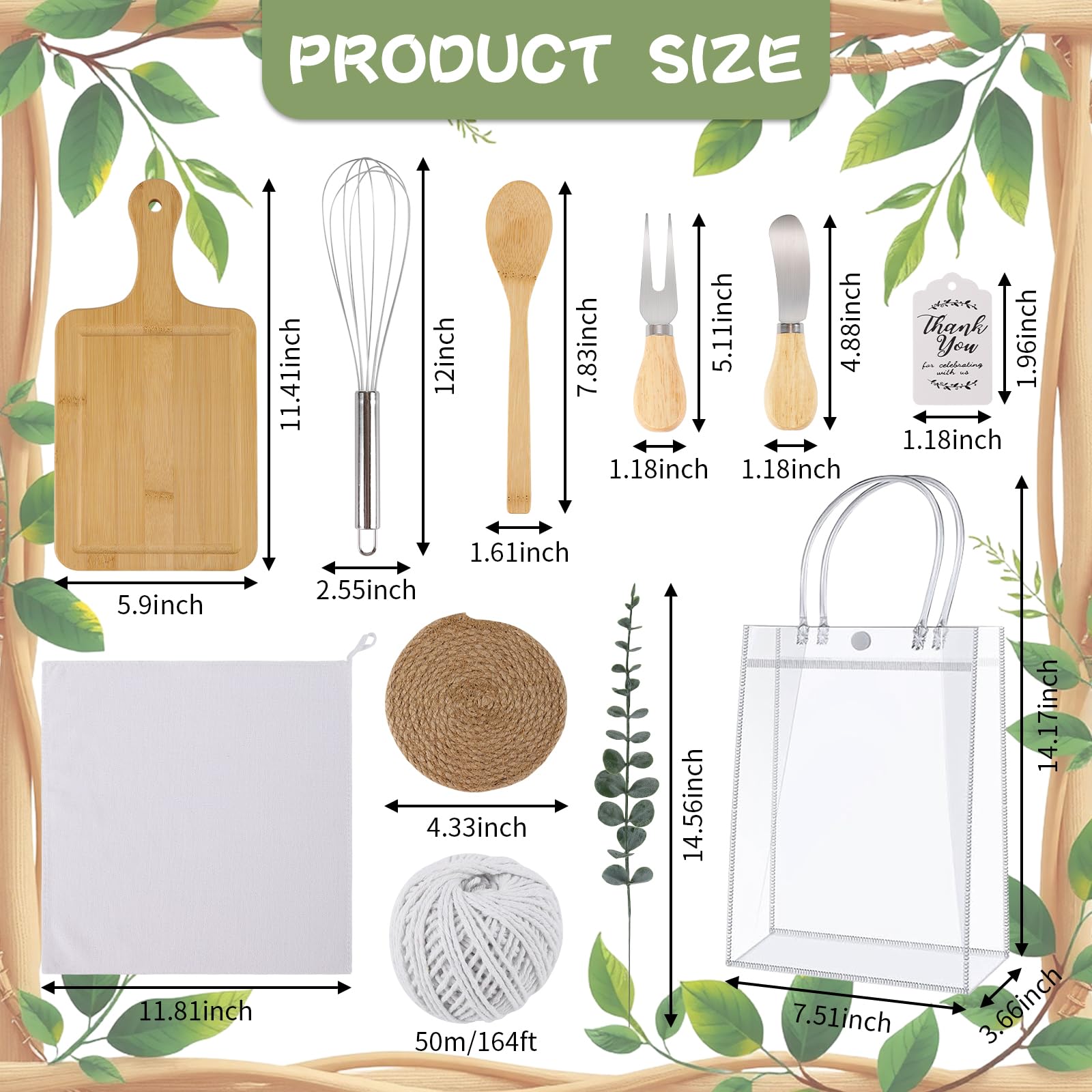 67Pcs Baby Shower Prizes for Game Winners Baby Shower Games Prizes 6 Sets Bamboo Cheese Board Spoon Fork Knives Towel Rattan Coasters Artificial Eucalyptus Stems Thank You Card Stirrers Gift Bags