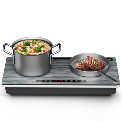 Double Induction Cooktop 1800W with Wood Grain Panel, Dual 900W Burners Portable Electric Stove, Touch Control, 8 Temperature Levels, Fast Heating & Safety Protection for Home Apartment RV