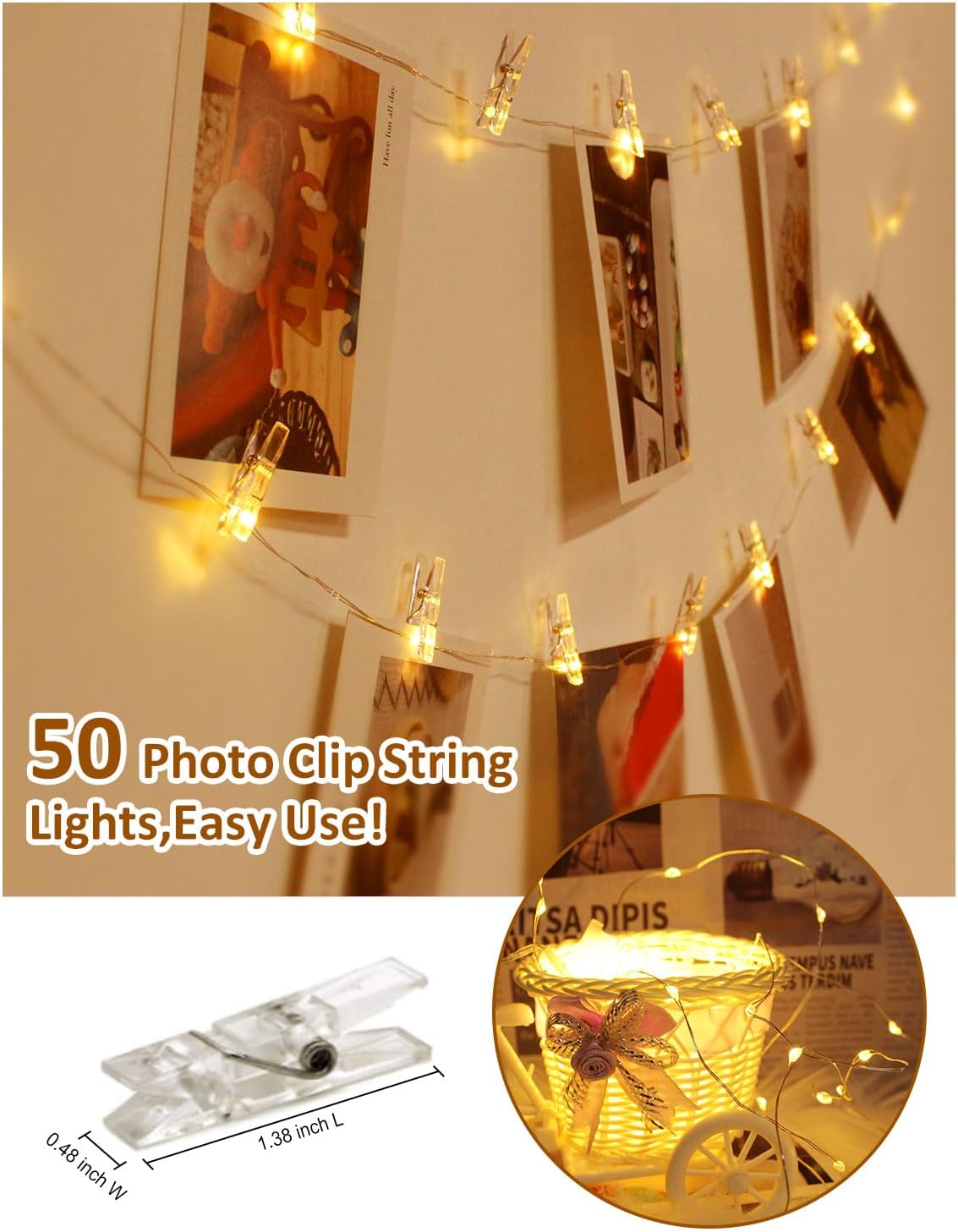 Skiennix Photo Clip String Lights - 33FT 100 LED Waterproof Fairy Lights with Remote & 50 Clear Clips