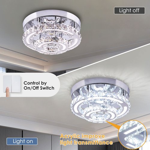 CXGLEAMING Modern Crystal Chandelier LED Flush Mount Ceiling Light Fixture 11.4" Round Small Crystal Ceiling Lights for Bedroom Kitchen Hallway (Cool White)