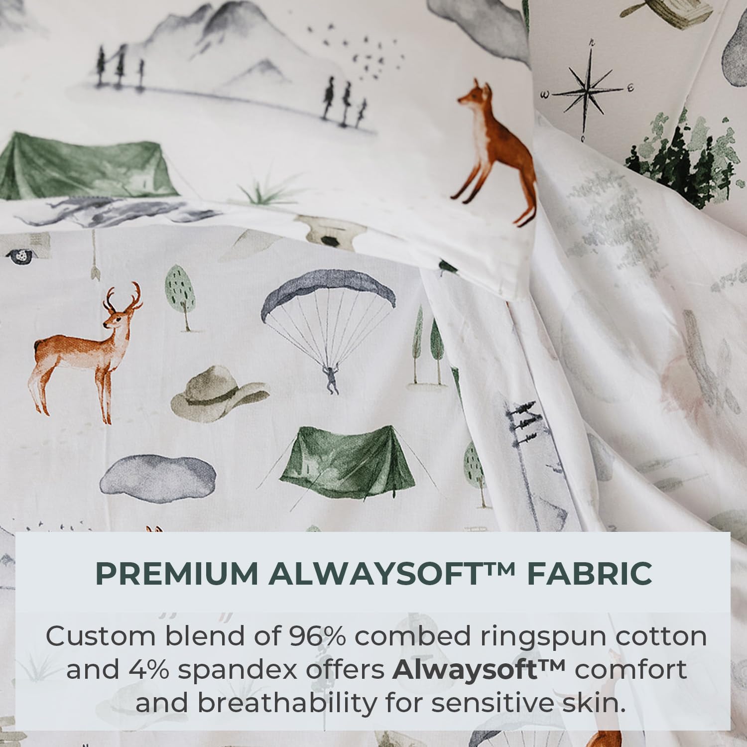 Pobibaby Premium Twin Full Sheets Sets, Kids Double Bed Sheets in Cotton Blend | Ultra-Soft Woodland Camping Print with Fitted Sheet, Flat Sheet & Pillowcases (Twin Explore)