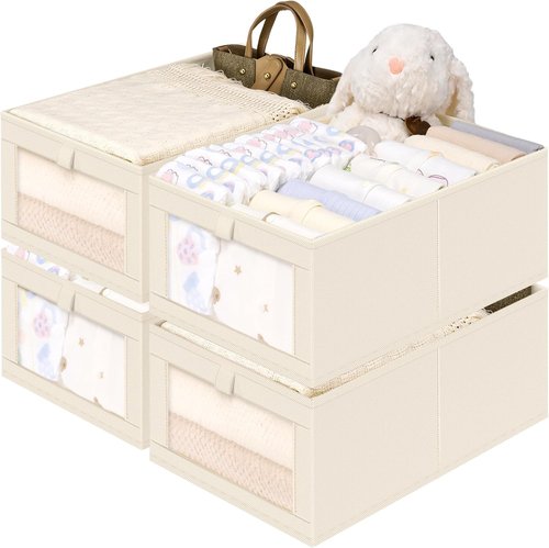 Criusia Closet Organizers - 4 Pack Linen Storage Baskets with Mesh Window | Foldable for Clothing, Toys, Beige