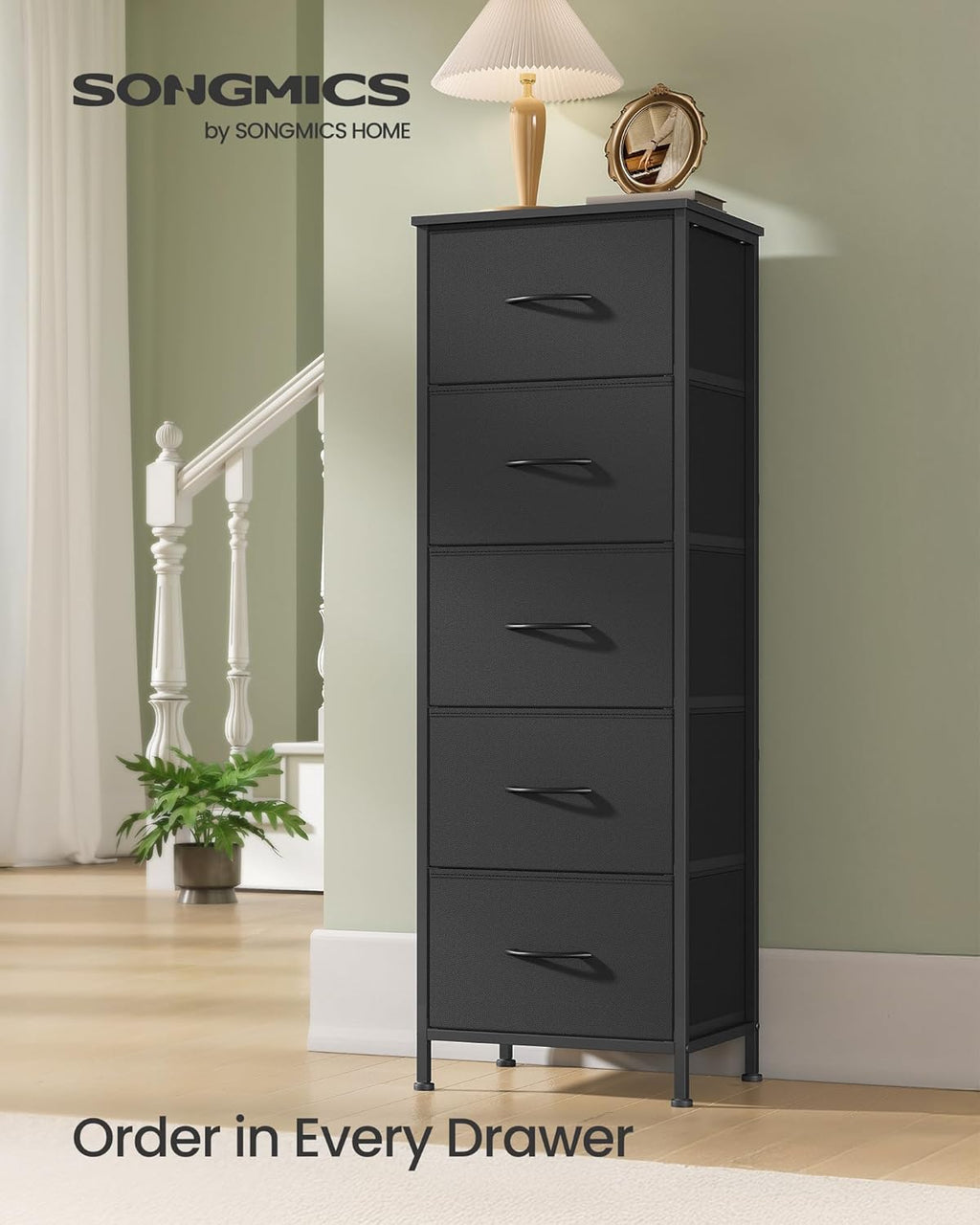 SONGMICS Dresser - Stylish Chest of Drawers with 5 Non-Woven Fabric Bins | Ink Black & Ebony Black