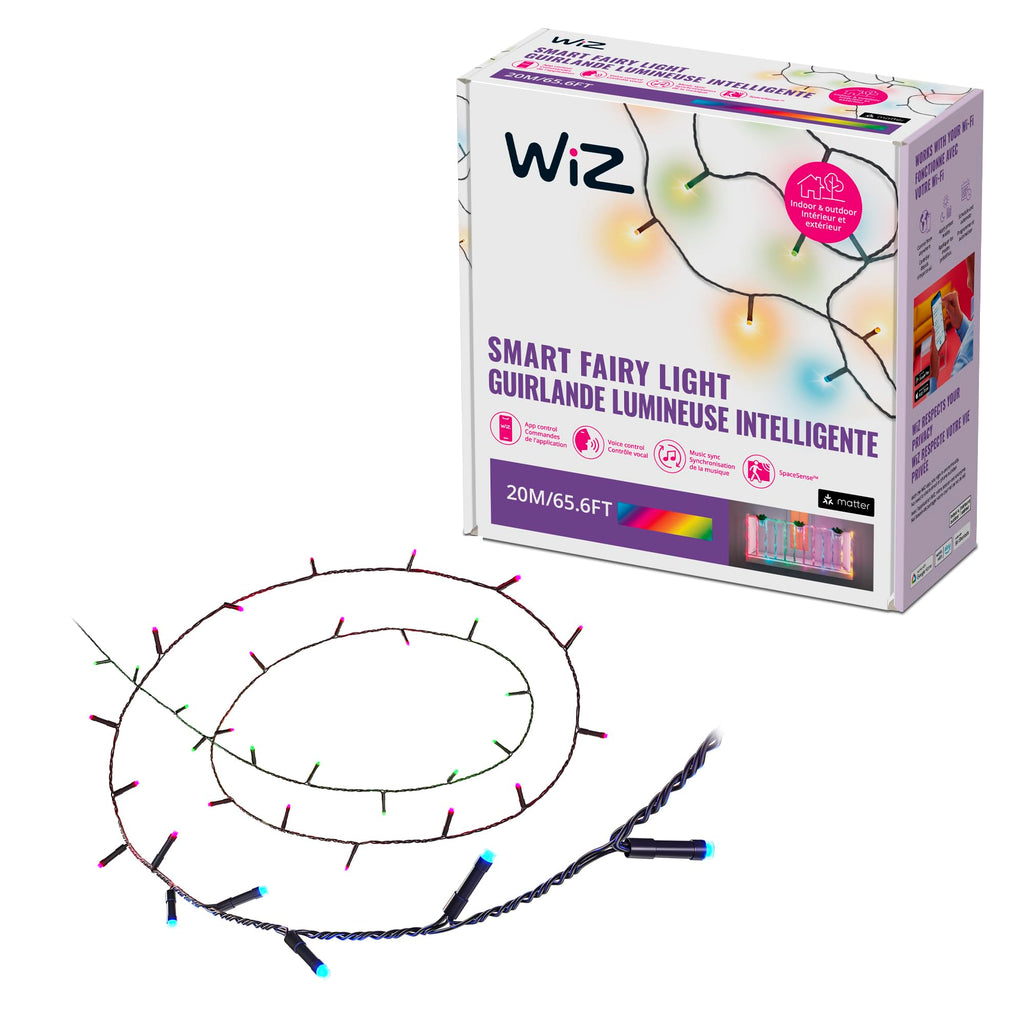 WiZ Connected Fairy Lights, 65.6ft RGB LED Smart Color-Changing, Static and Dynamic Modes, Music Sync, App and Voice Control