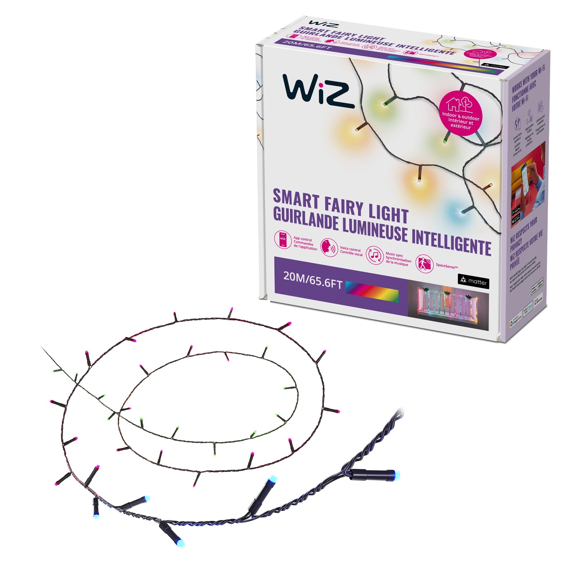WiZ Connected Fairy Lights, 65.6ft RGB LED Smart Color-Changing, Static and Dynamic Modes, Music Sync, App and Voice Control