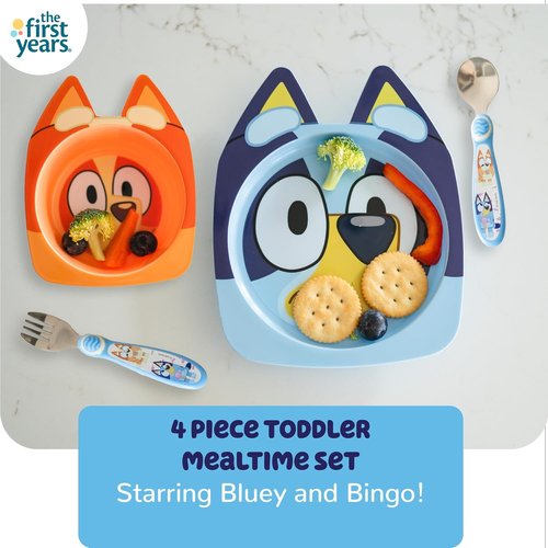 Bluey Kids Dinnerware Set - Suction Plate, Bowl & Stainless Steel Silverware - 4-Piece Feeding Set