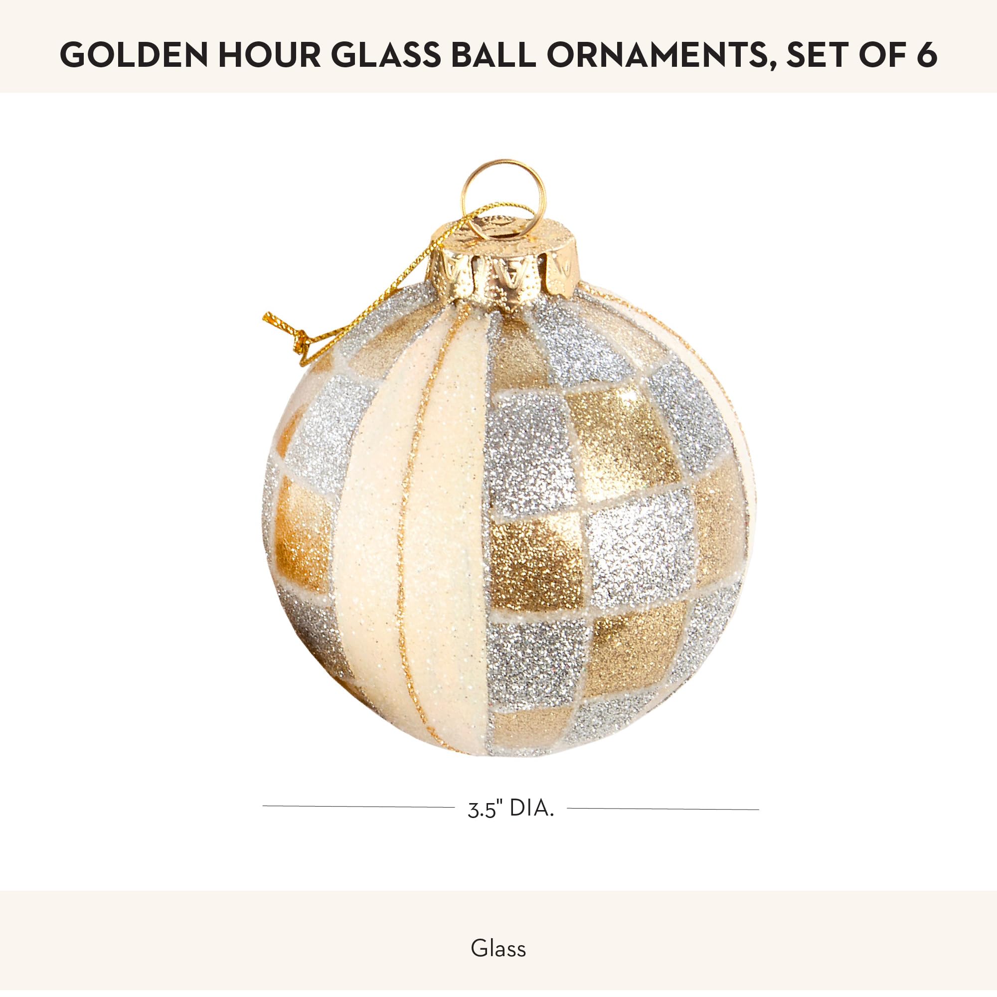 MACKENZIE-CHILDS Set of 6 Glass Ball Ornaments, Christmas Tree Decorations Set for Indoor Holiday Arrangements, Golden Hour