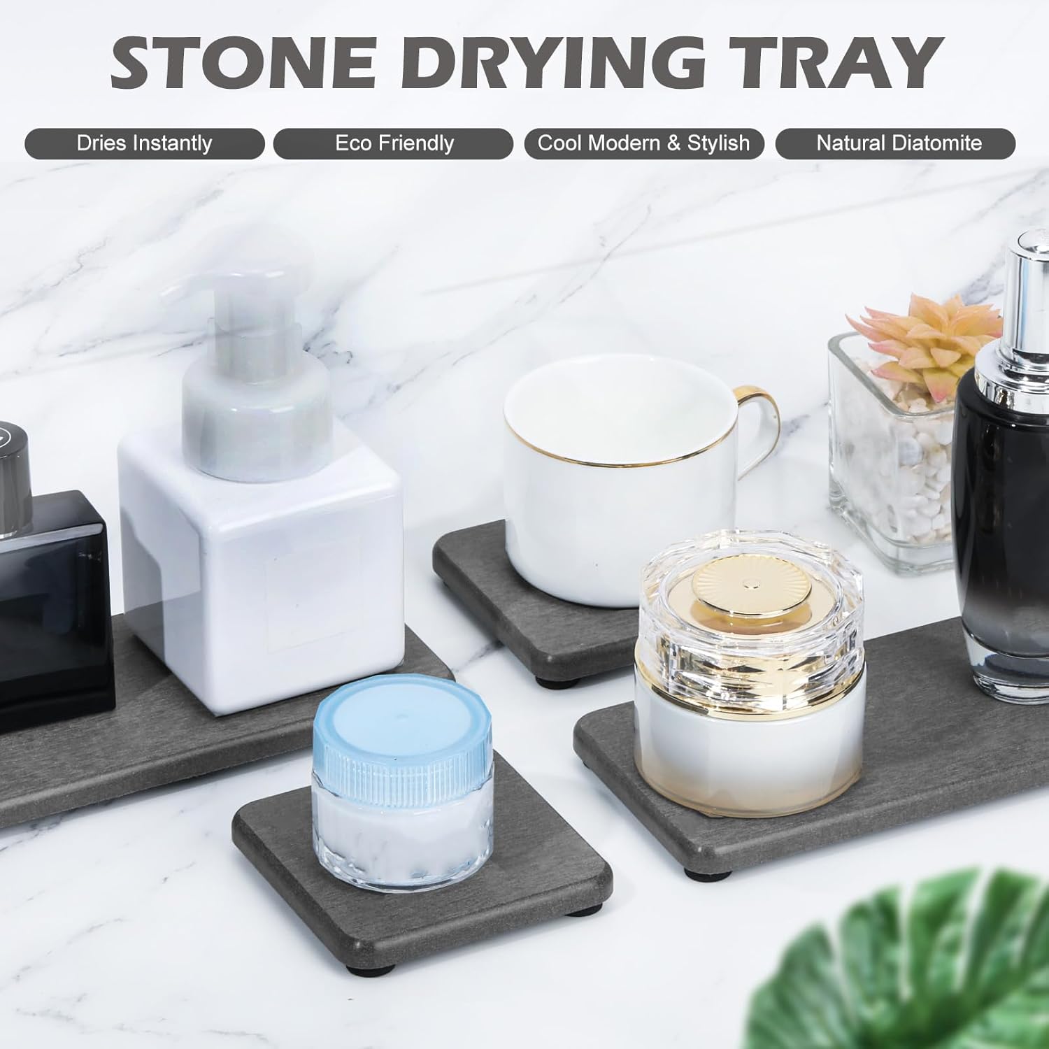 Skiennix Water Absorbing Stone Tray - Fast Drying Diatomite Coaster Set | 4PCS for Kitchen & Bathroom