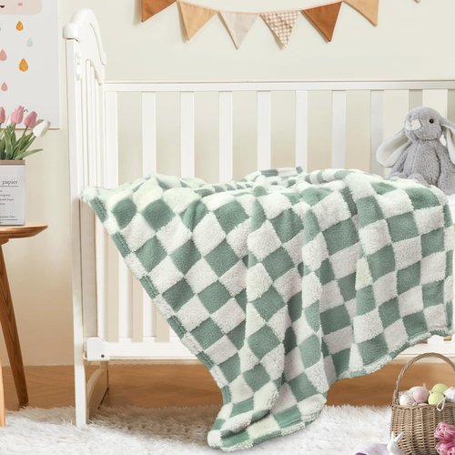 HOMRITAR Checkered Baby Blanket - Sage Green Soft & Fluffy 3D Chessboard Design | Reversible 30 x 40 Inch for Infants