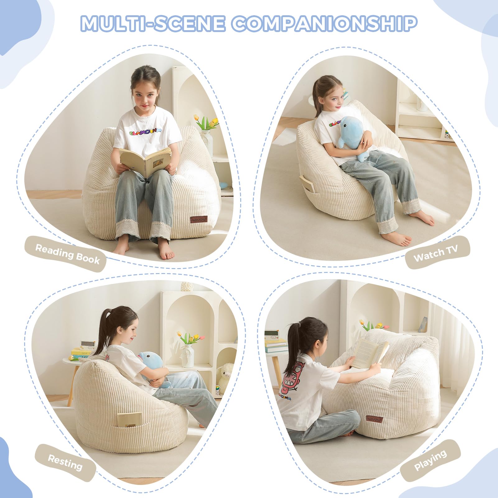 MAXYOYO Kids Bean Bag Chair, Bean Bag Couch with Handle, Comfy Toddler Chair for Boys and Girls, Accent Sofa Chair with Pocket for Gaming Reading Relaxing, Beige
