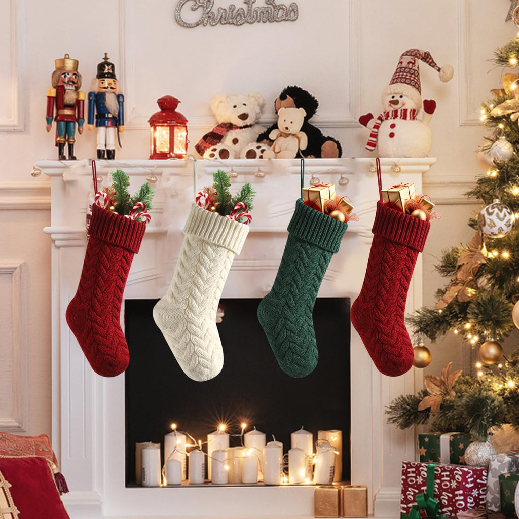meioro 18 Inches Christmas Stockings, Large Size Cable Knit Christmas Stocking, Fireplace Hanging Xmas Stocking for Holiday Family Party Decoration with Greeting Card(Green)