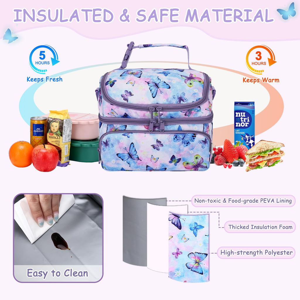 Kasqo Lunch Bag Kids, Dual Compartment Insulated Cooler Bag 7.5L Girls Boys Toddler Lunch Box Containers for Daycare School Kindergarten Travel Ombre Butterfly