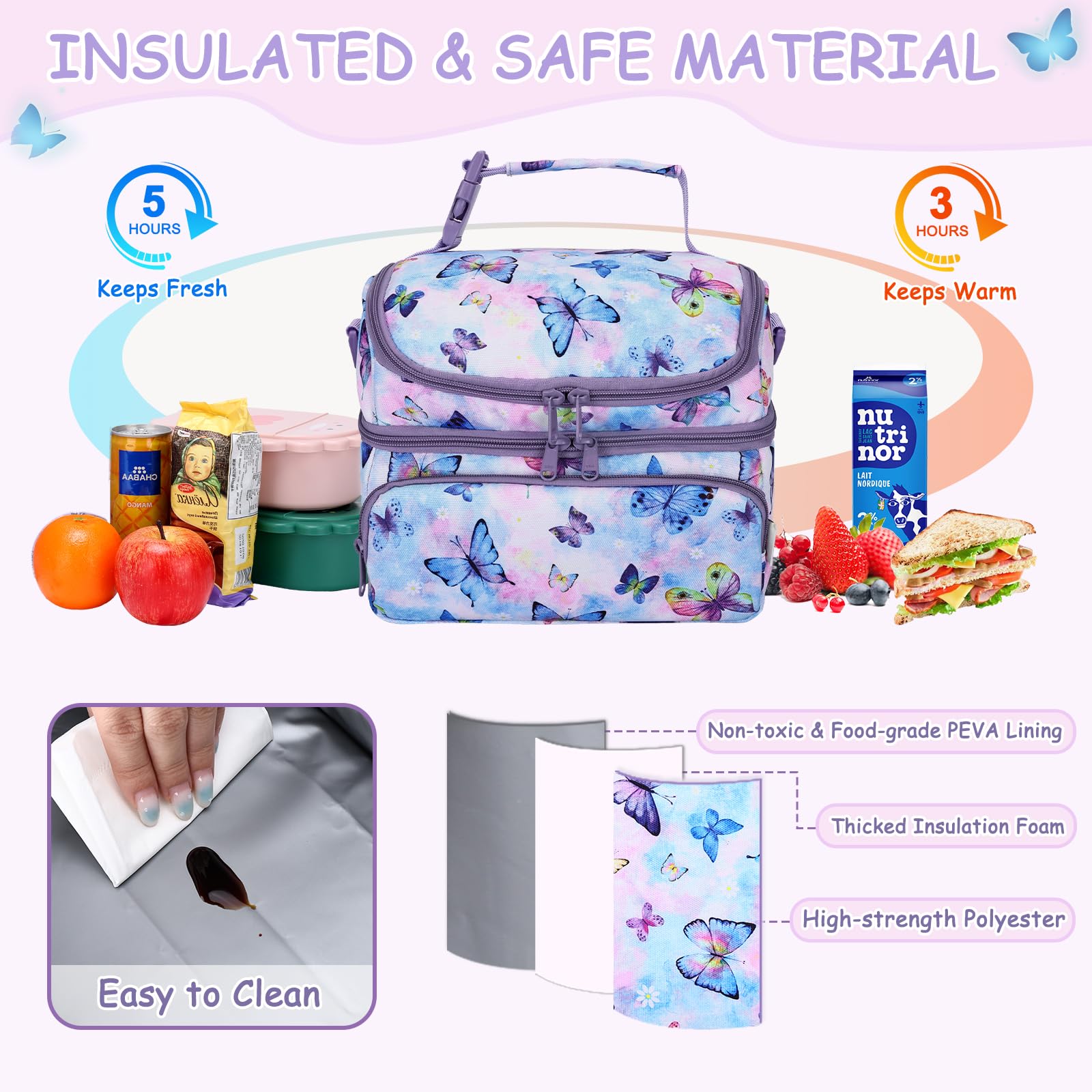 Kasqo Lunch Bag Kids, Dual Compartment Insulated Cooler Bag 7.5L Girls Boys Toddler Lunch Box Containers for Daycare School Kindergarten Travel Ombre Butterfly